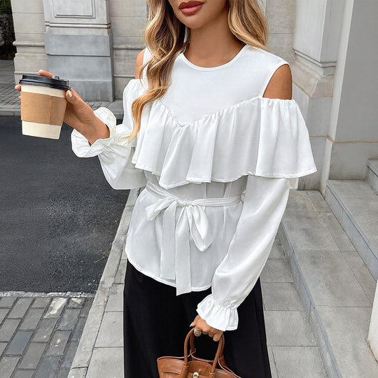 Damen Elegant-Volant-Bluse mit Cut-Out-Schulter und Bindegürtel Shop Nory