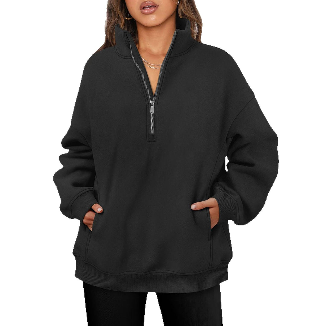 Damen nan oversized Halbzip-Pullover mit Stehkragen, Kängurutasche und Rippbündchen Shop Nory