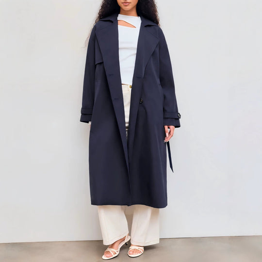 Damen Langer Trenchcoat-Mantel mit weiter Silhouette, Reverskragen und Taillengürtel Shop Nory