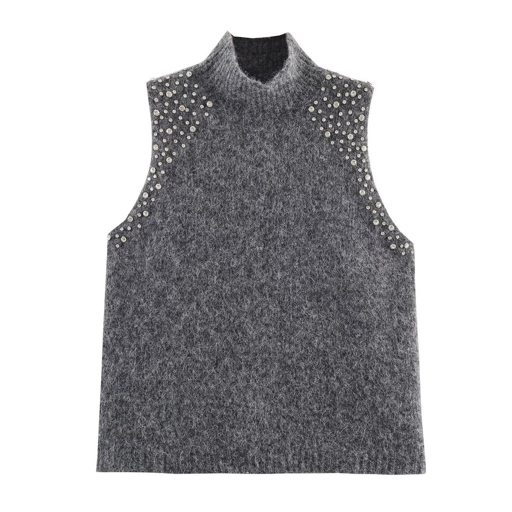 Damen ärmelloses Strickoberteil mit eleganten Perlenverzierungen