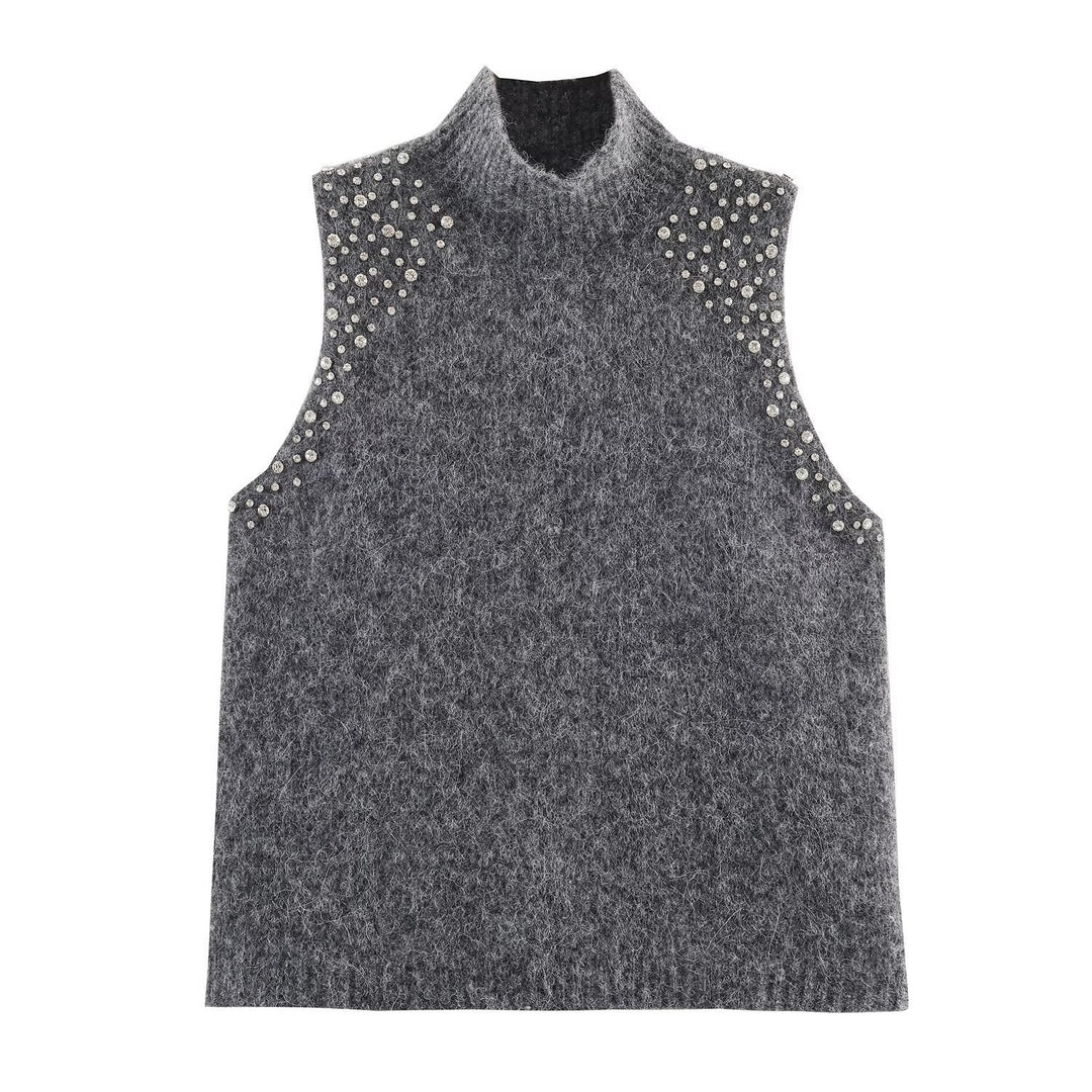 Damen ärmelloses Strickoberteil mit eleganten Perlenverzierungen