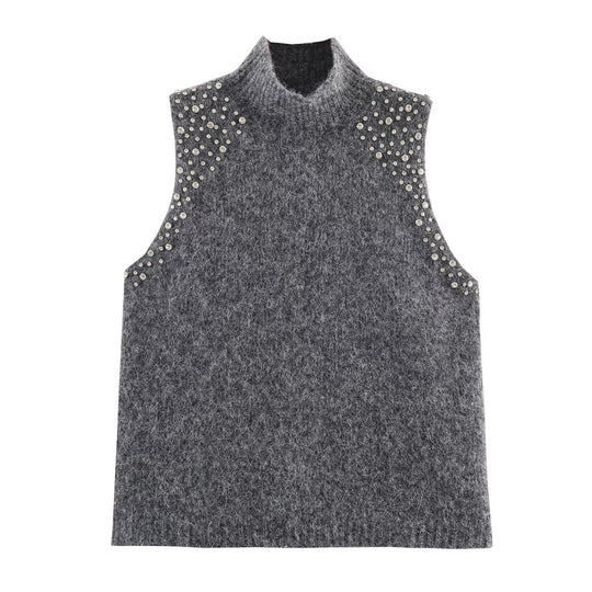 Damen ärmelloses Strickoberteil mit eleganten Perlenverzierungen