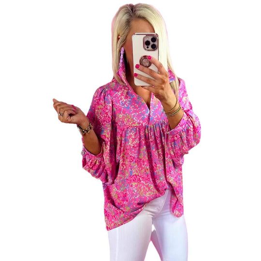 Damen Locker geschnittene Blumenbluse mit V-Ausschnitt und geraffter Passe Shop Nory
