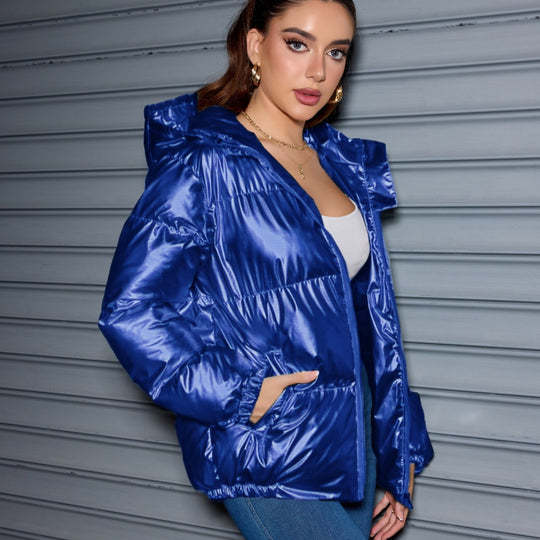 Damen Glänzende Oversize-Steppjacke mit Kapuze & elastischen Bündchen Shop Nory