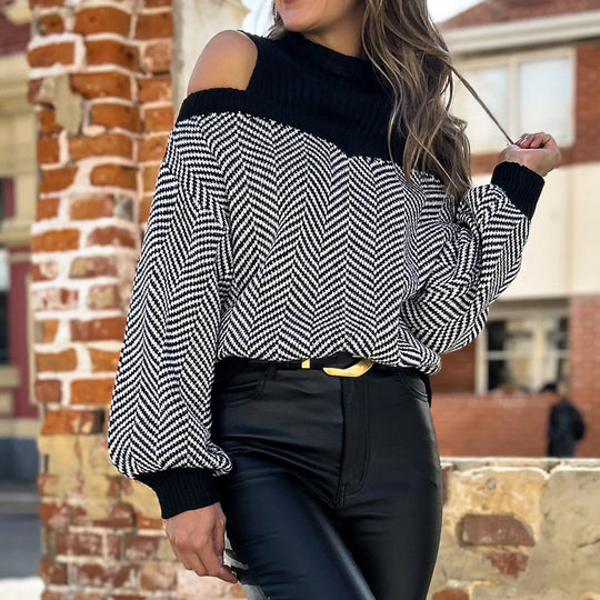 Damen Schulterfreier Strickpullover mit Fischgrätmuster und weitem Ballonärmel Shop Nory
