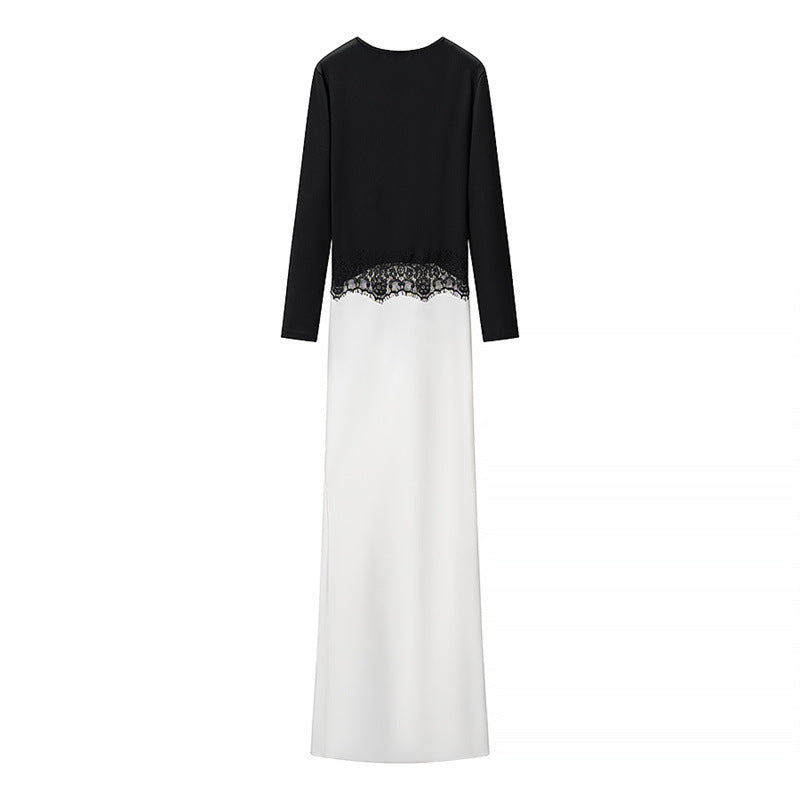 Damen Zweiton-Maxikleid mit geraffter V‑Passe, Spitzenbesatz und langen Ärmeln Shop Nory