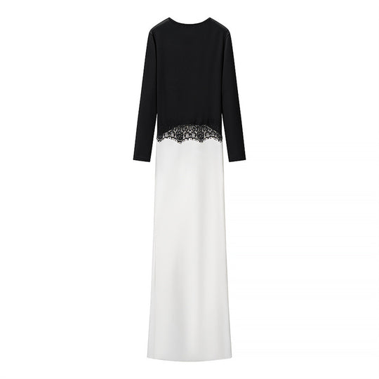 Damen Zweiton-Maxikleid mit geraffter V‑Passe, Spitzenbesatz und langen Ärmeln Shop Nory