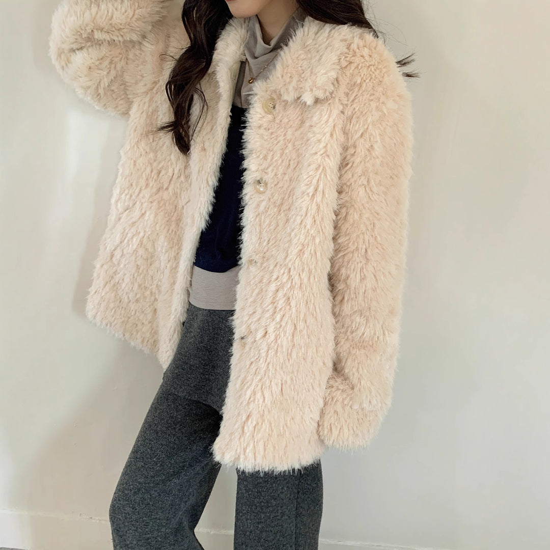 Damen Flauschiger Teddy-Mantel aus Kunstfell mit Hemdkragen und Boxy‑Silhouette Shop Nory