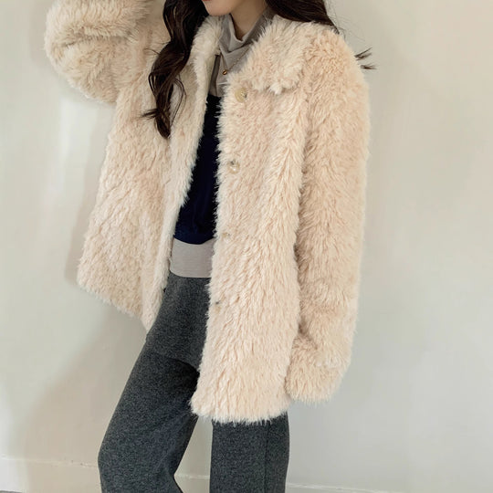 Damen Flauschiger Teddy-Mantel aus Kunstfell mit Hemdkragen und Boxy‑Silhouette Shop Nory