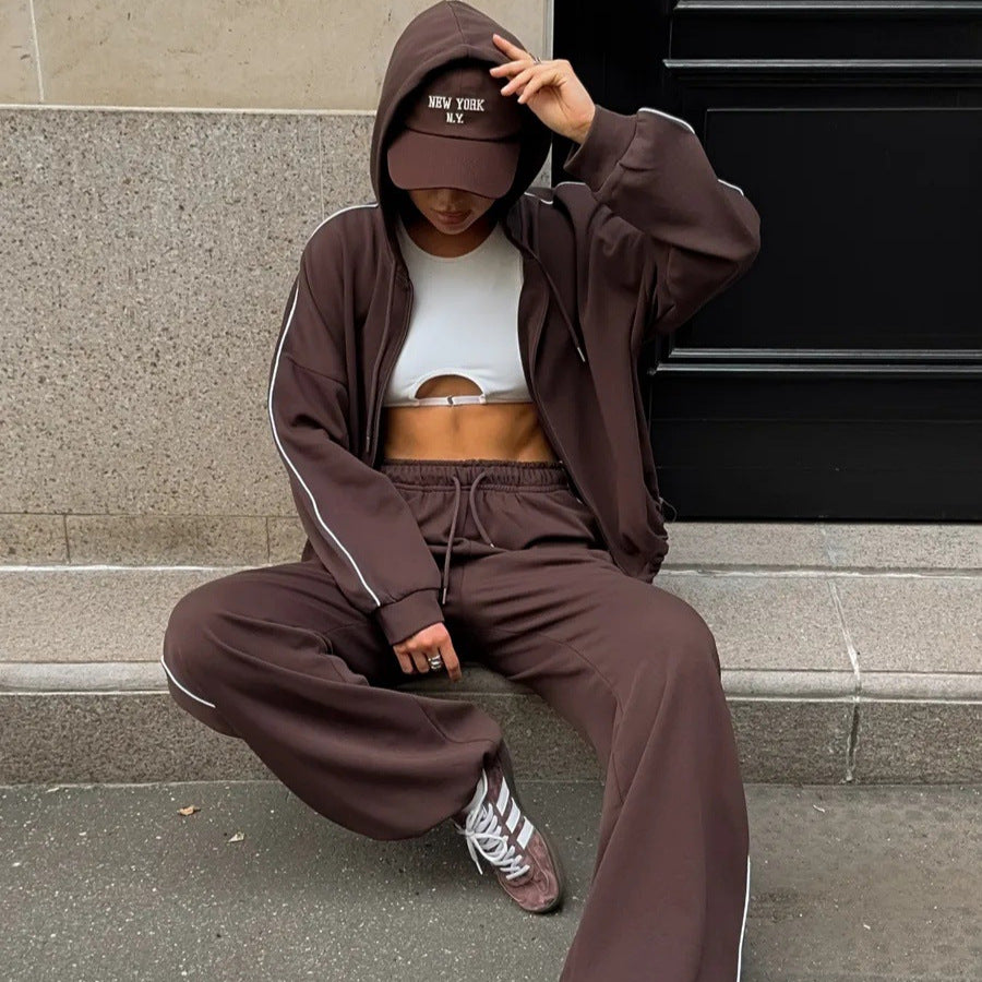 Damen lässiges Lounge-Set aus French-Terry mit Kurzzip-Hoodie und High-Waist Wide-Leg Jogginghose mit Kontrastpaspel Shop Nory