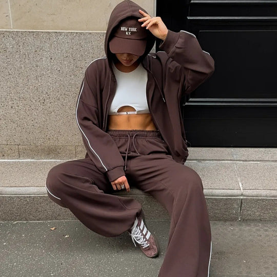 Damen lässiges Lounge-Set aus French-Terry mit Kurzzip-Hoodie und High-Waist Wide-Leg Jogginghose mit Kontrastpaspel Shop Nory