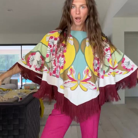 Damen Seiden-Print Poncho mit retro-floralem Muster und langen Fransen Shop Nory