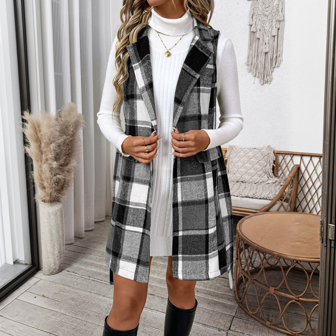 Damen Karierte Langjacke ohne Ärmel Shop Nory