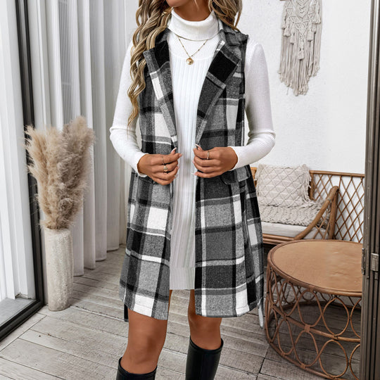 Damen Karierte Langjacke ohne Ärmel Shop Nory
