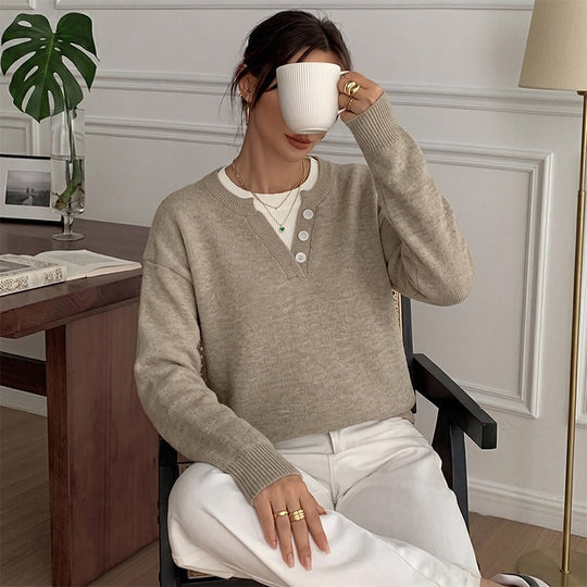 Damen Gemütlicher Pullover mit Knopfdetails Shop Nory