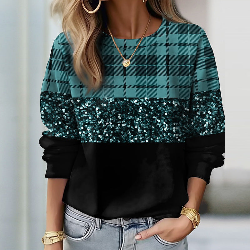 Damen Sweatshirt mit Karomuster, Pailletten-Band und lockerem Saum Shop Nory
