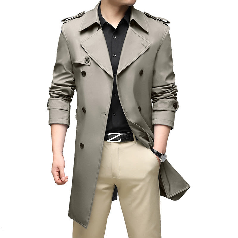 Herren Langer Slim-Fit Doppelreihiger Trenchcoat mit Epauletten und Taillengürtel Shop Nory