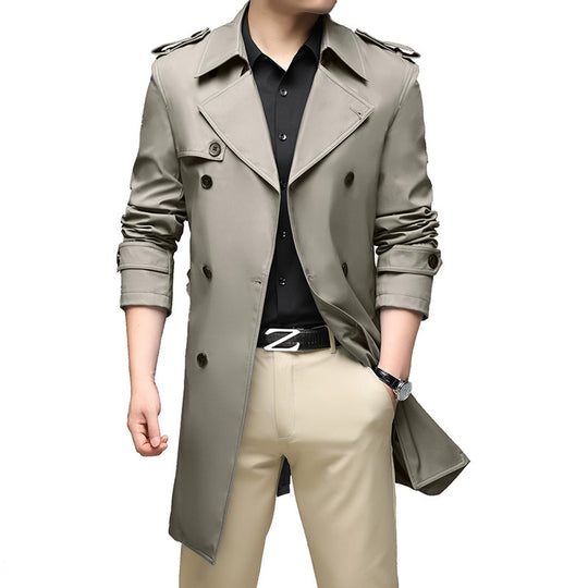 Herren Langer Slim-Fit Doppelreihiger Trenchcoat mit Epauletten und Taillengürtel Shop Nory