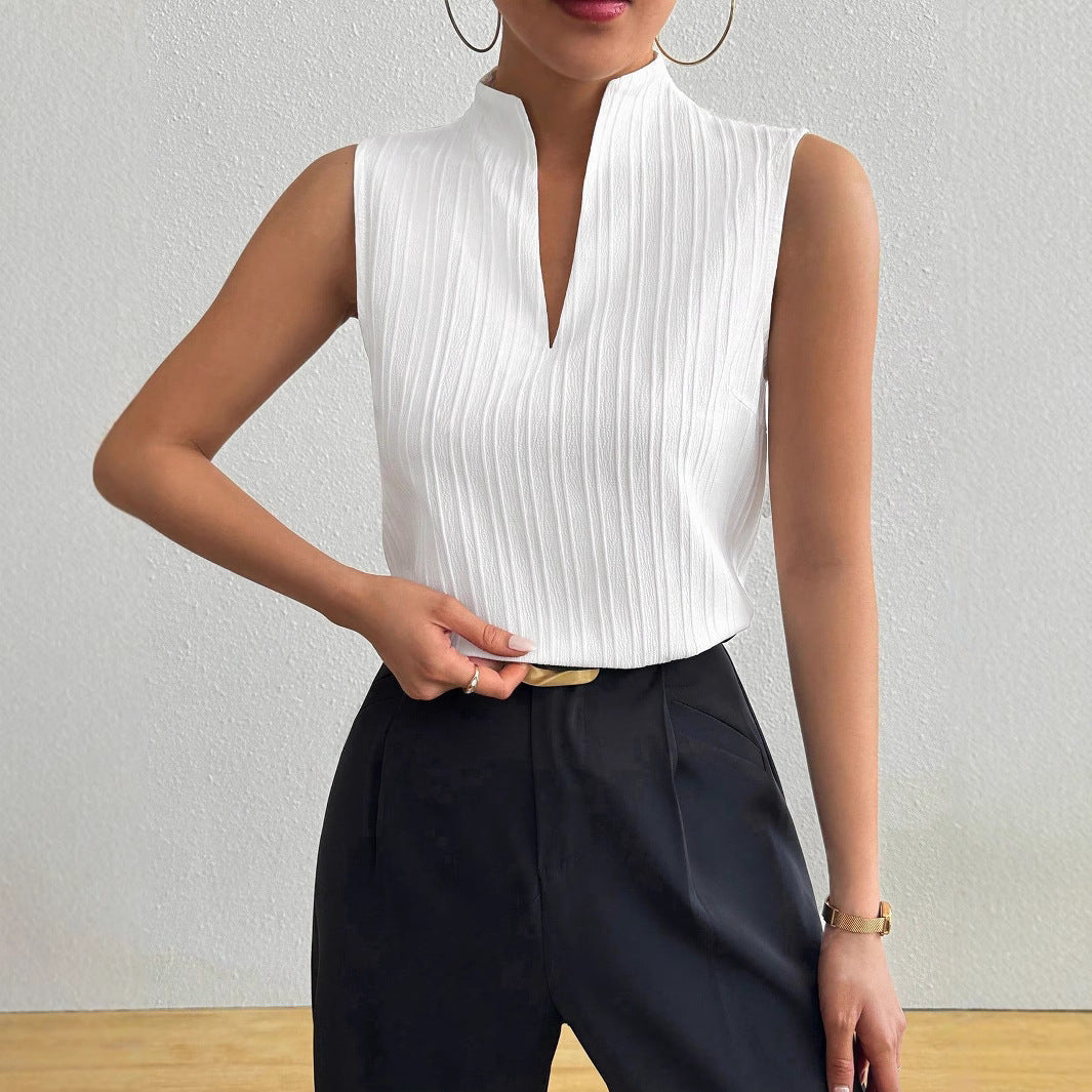 Damen Elegantes Top mit Stehkragen und feinen Plisseefalten