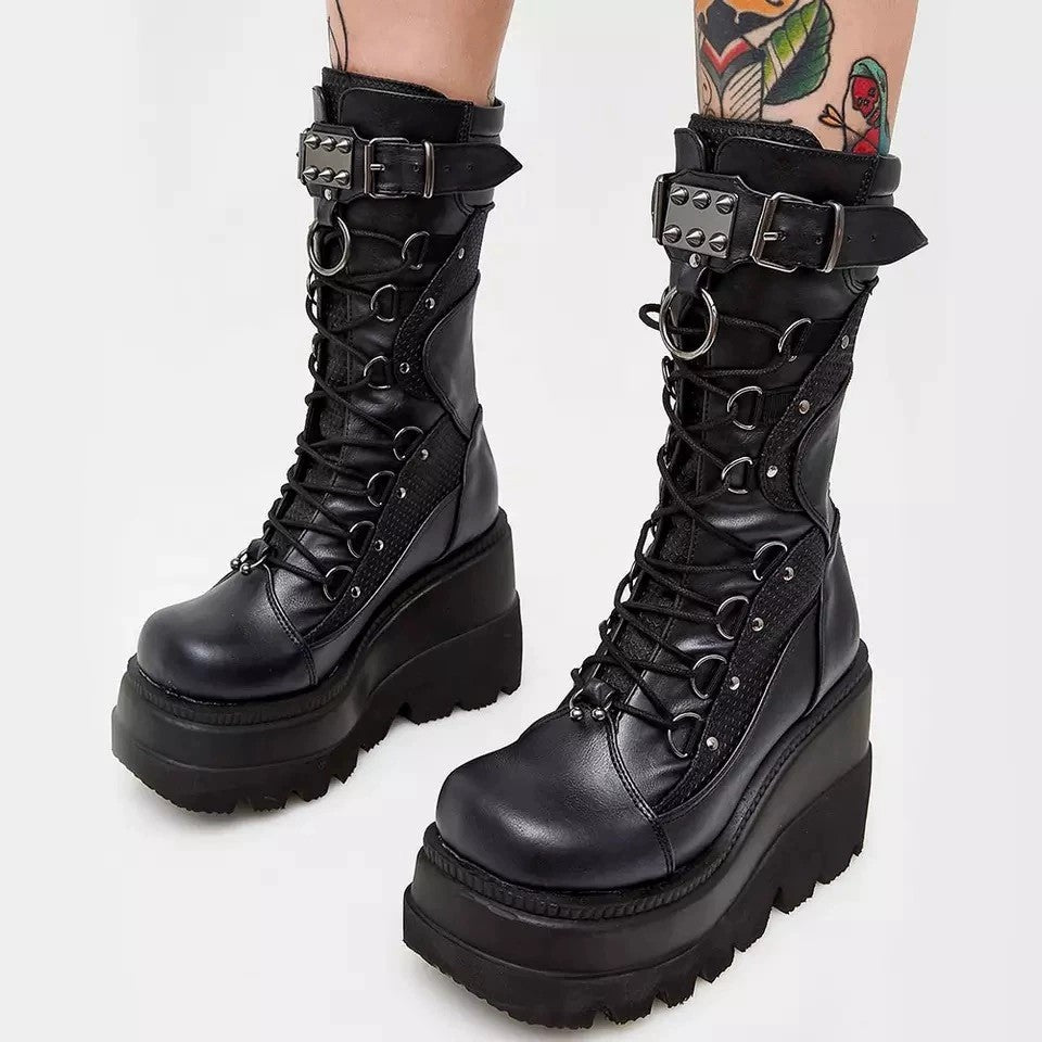 Damen Plateau-Schnürstiefel mit klobiger Lug-Sohle, Netzbesatz und verstellbaren Schnallen Shop Nory