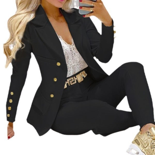 Damen nan tailliertes Doppelreiher-Blazer-Set mit goldknopf-Detail und hochtaillierter Slimhose Shop Nory