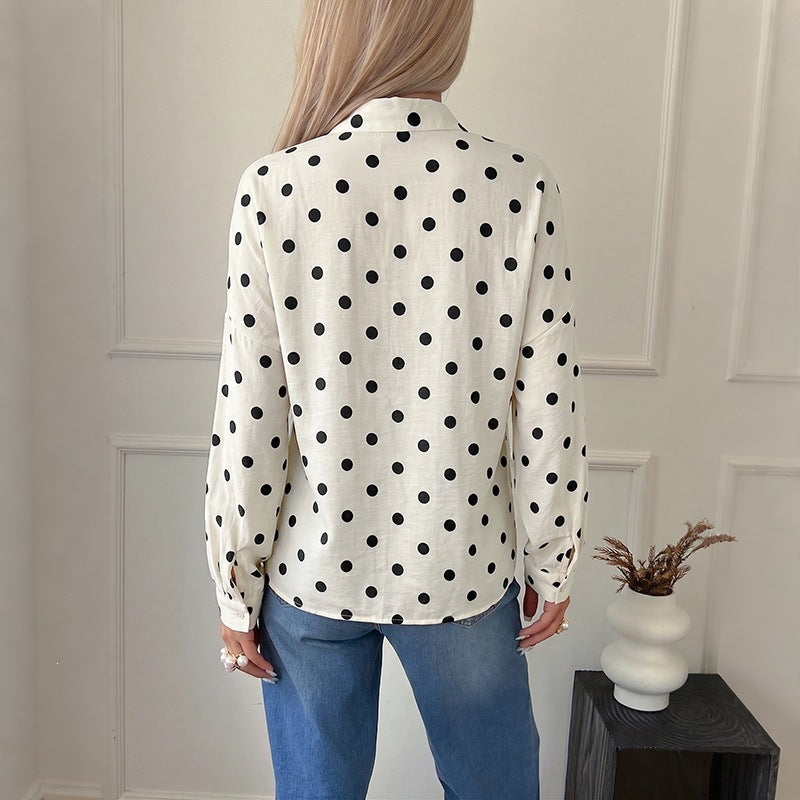Damen gepunktete Viskose-Bluse mit Stehkragen und Perlmuttknöpfen Shop Nory