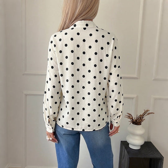 Damen gepunktete Viskose-Bluse mit Stehkragen und Perlmuttknöpfen Shop Nory