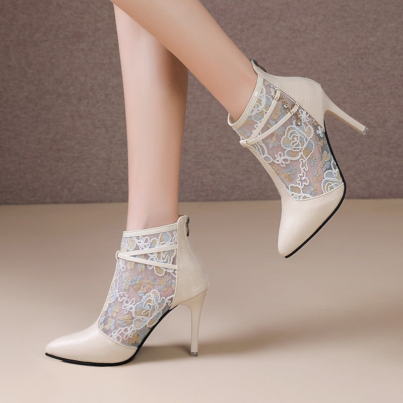 Damen Elegante High Heel Stiefeletten mit transparentem Spitzendesign
