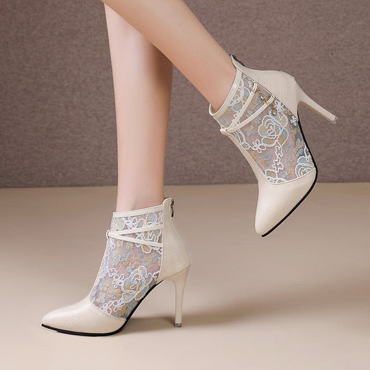 Damen Elegante High Heel Stiefeletten mit transparentem Spitzendesign