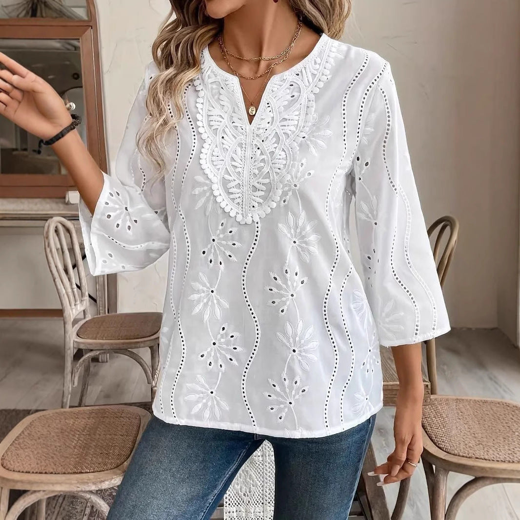 Damen elegante Tambour-Bluse mit floralen Stickereien