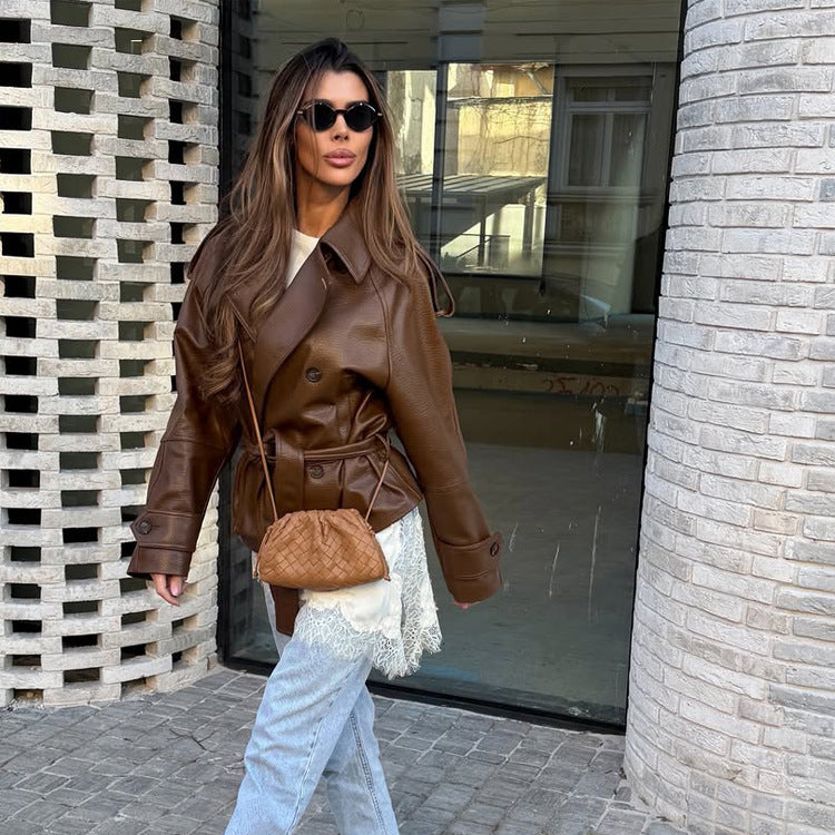 Damen Kurz geschnittener Oversize Lederimitat-Trench mit Taillengürtel und Epauletten Shop Nory