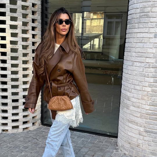 Damen Kurz geschnittener Oversize Lederimitat-Trench mit Taillengürtel und Epauletten Shop Nory