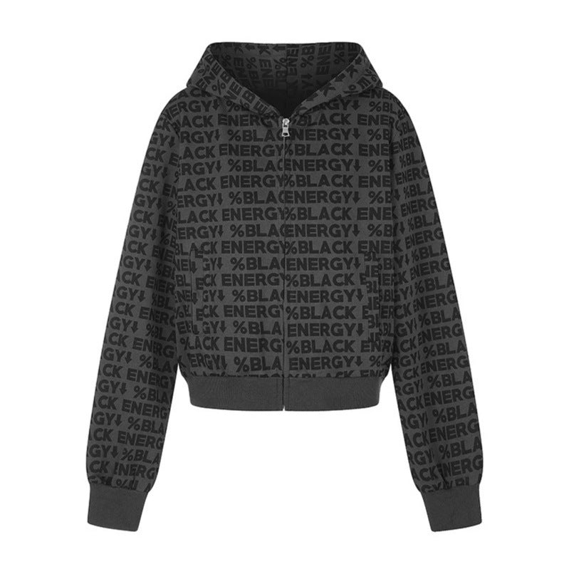 Damen kurze Zip-Kapuzenjacke mit Allover-Logoprint und elastischem Rippenbund Shop Nory