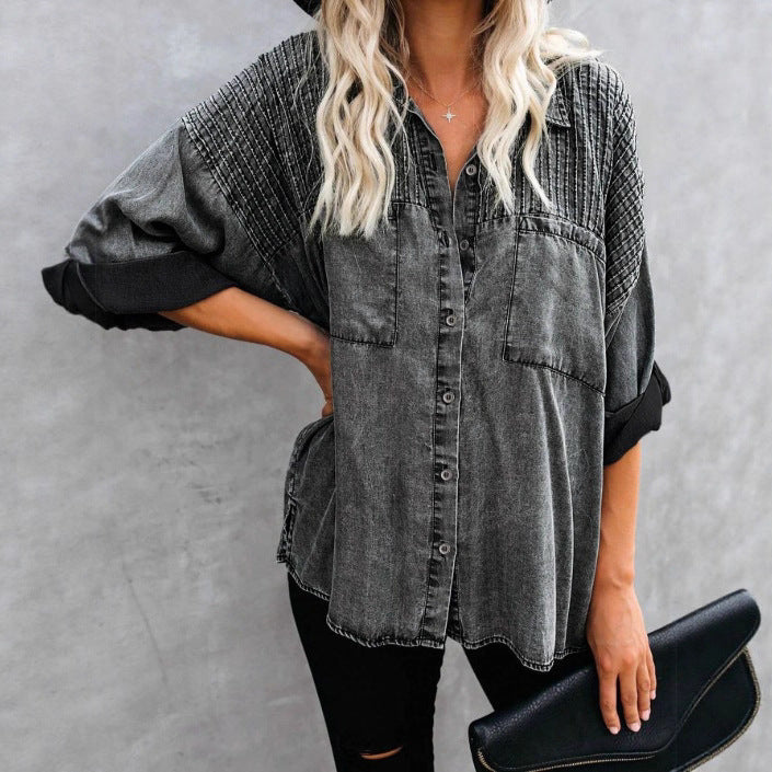 Damen Oversize-Denimbluse mit gesteppter Passe, Knopfleiste und aufgesetzten Brusttaschen Shop Nory