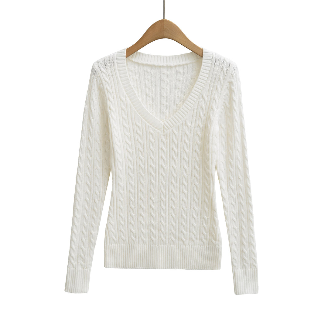 Damen Grobgestrickter V-Ausschnitt Pullover mit Zopfstrickstruktur Shop Nory