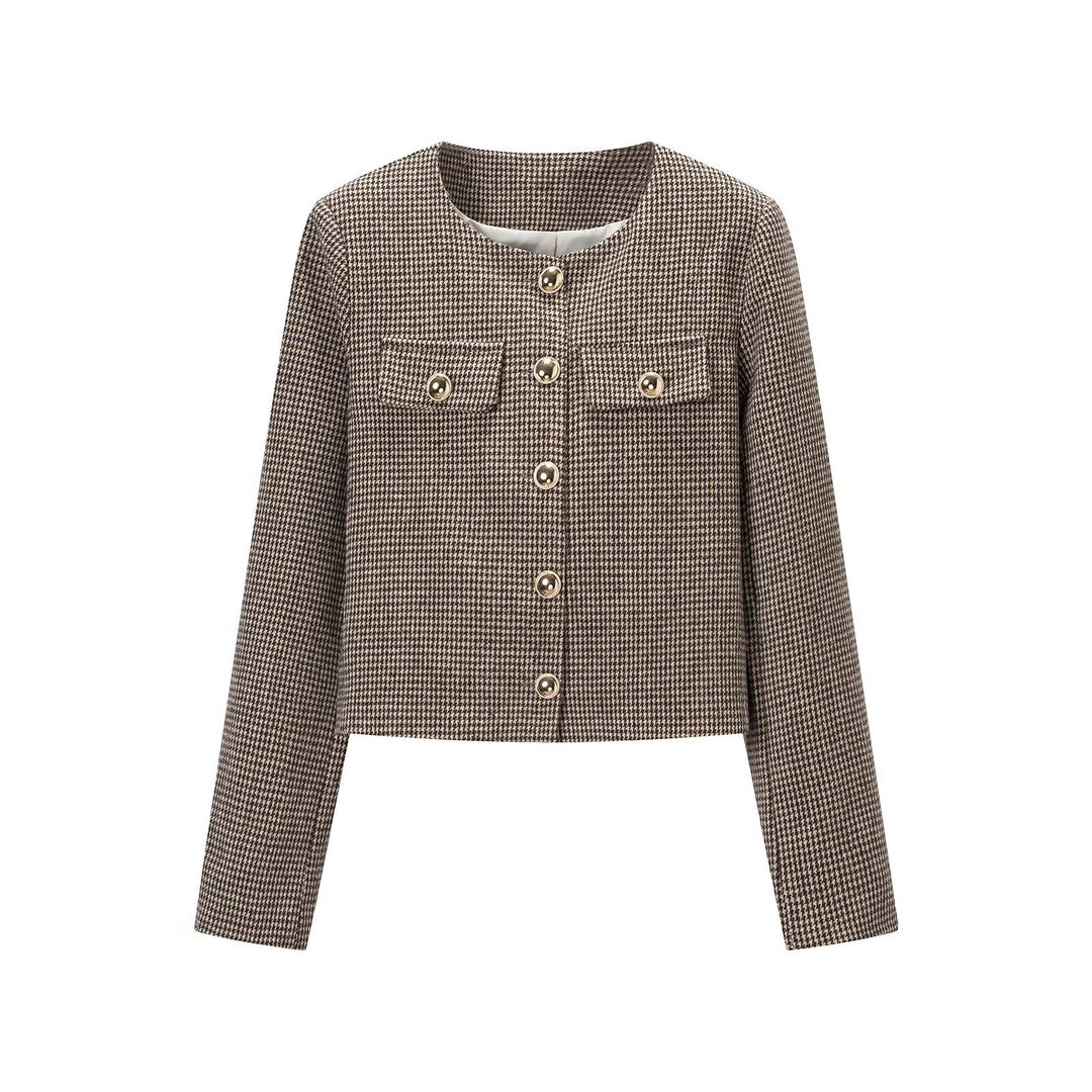 Damen Kurze Bouclé‑Jacke im Hahnentritt‑Look mit Rundhals und Zierknopfleiste Shop Nory