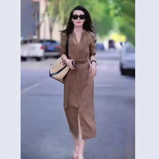 Damen Langes Hemdkleid mit Wickeloptik, Kordel-Taillengürtel und Beinschlitz Shop Nory