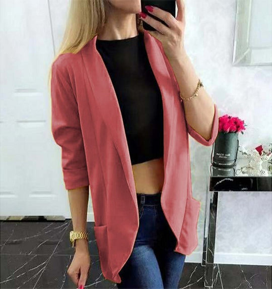 Damen Leichter Offener Cardigan-Blazer, dreiviertelärmelig mit Eingrifftaschen Shop Nory
