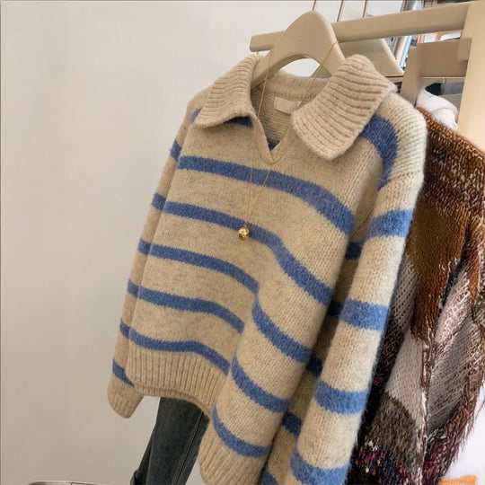 Damen nan kuscheliger Oversize-Strickpullover mit Polokragen und breiten Streifen Shop Nory