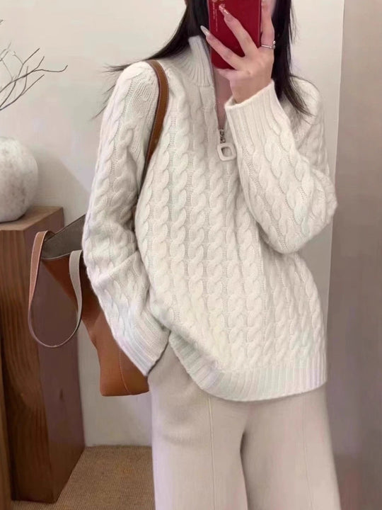 Damen Oversize Zopfmuster-Feinstrickpullover mit halbem Zipper und Stehkragen Shop Nory