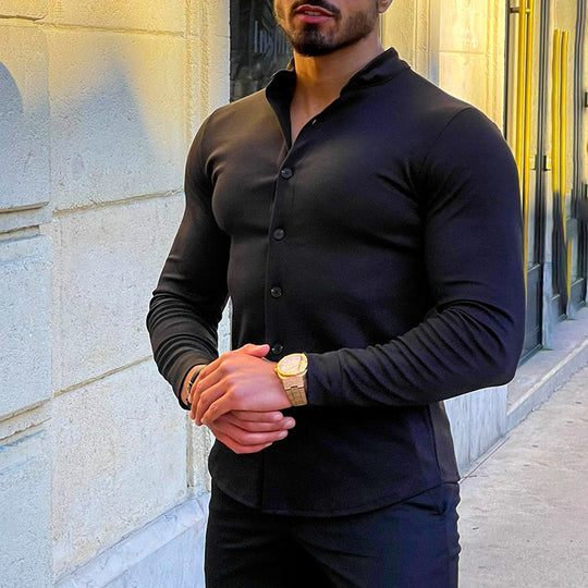 Herren Slim-Fit Langarmhemd mit Stehkragen und elastischem Jersey Shop Nory