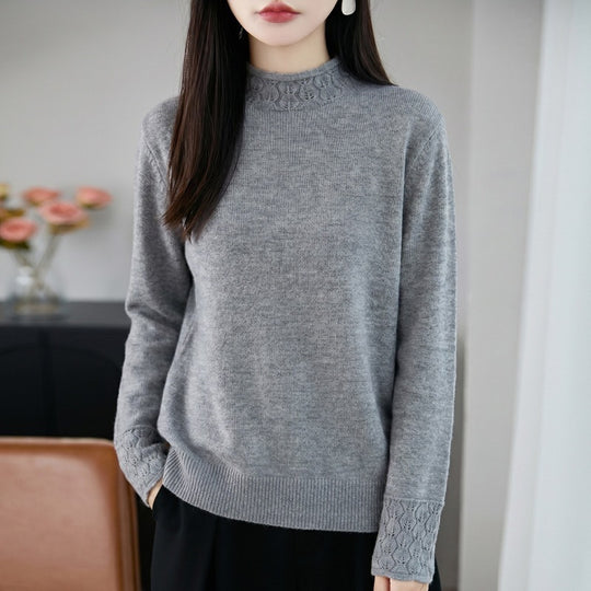 Damen Mockneck-Feinstrickpullover mit Ajour-Detail an Kragen und Bündchen Shop Nory