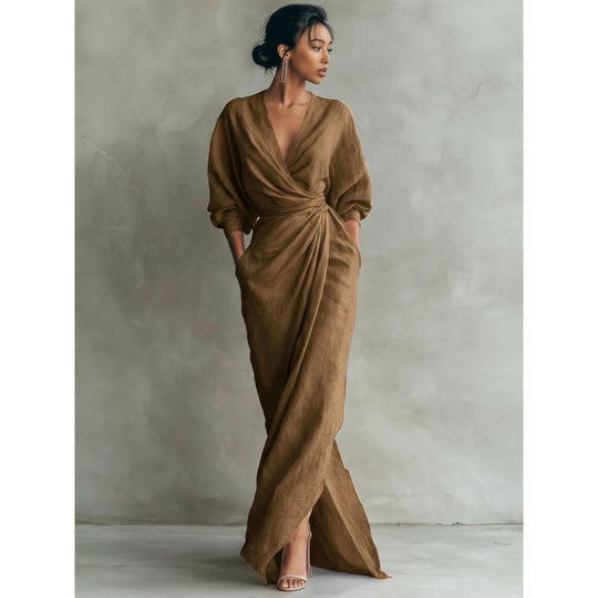 Damen Drapiertes Wickel-Maxikleid mit tiefem V-Ausschnitt, Taillen-Twist und Eingrifftaschen Shop Nory