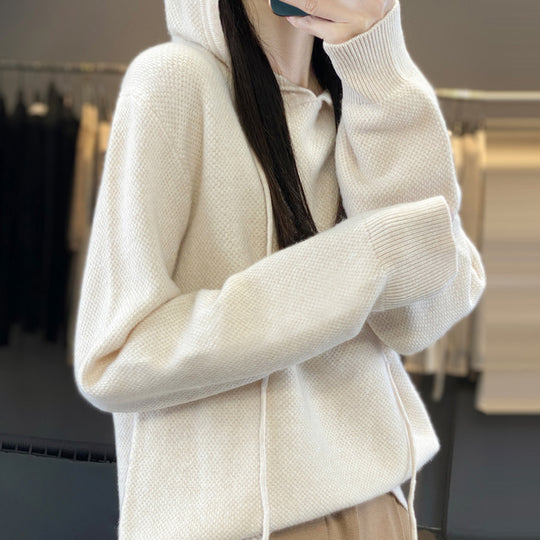Damen weicher Feinstrick‑Kapuzensweater mit melierter Struktur und gerippten Bündchen Shop Nory