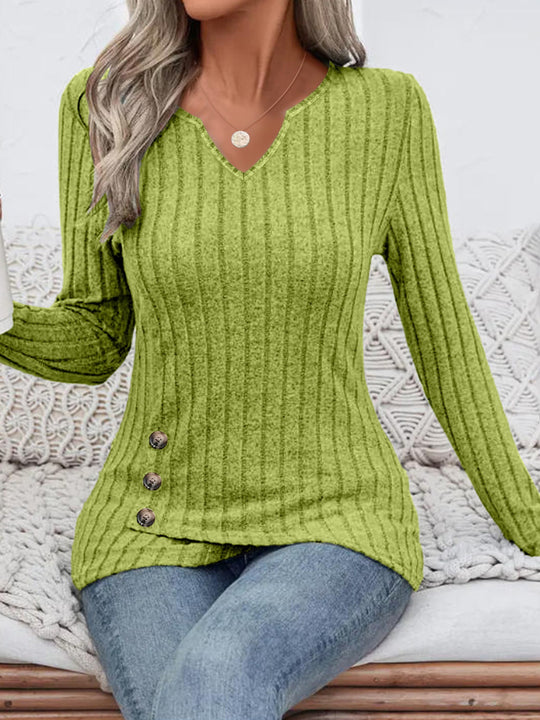 Damen Geripptes Longsleeve-Tunika mit V-Ausschnitt und seitlichen Zierknöpfen Shop Nory