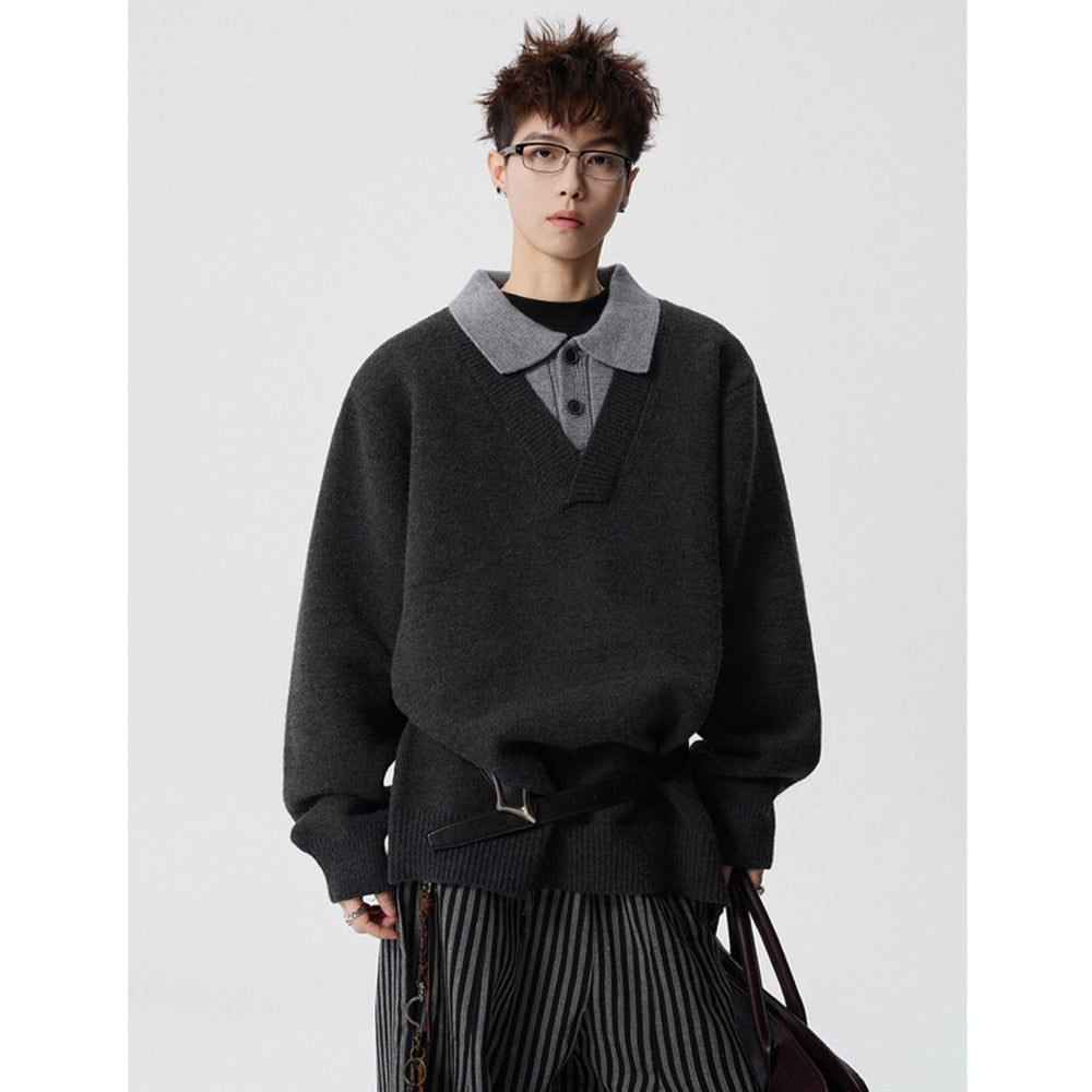 Damen Modischer Grobstrickpullover mit V-Ausschnitt und Kragen Shop Nory
