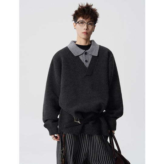 Damen Modischer Grobstrickpullover mit V-Ausschnitt und Kragen Shop Nory