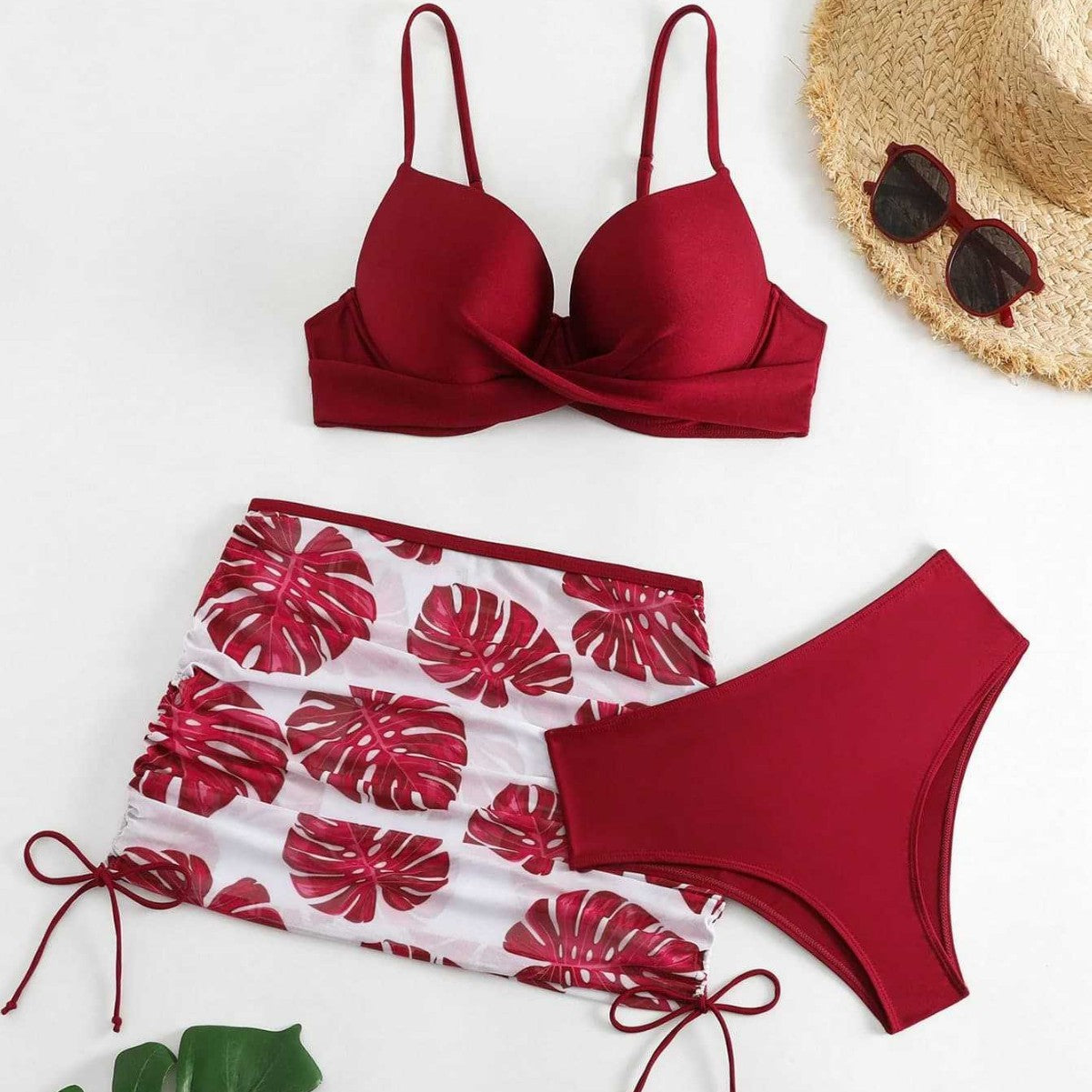 Damen Bikini-Set mit elegantem Knotendesign und floralem Rock