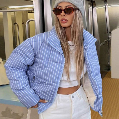 Damen Kurzgeschnittene Steppjacke mit hohem Stehkragen, vertikalem Streifenmuster und Reißverschlusstaschen Shop Nory