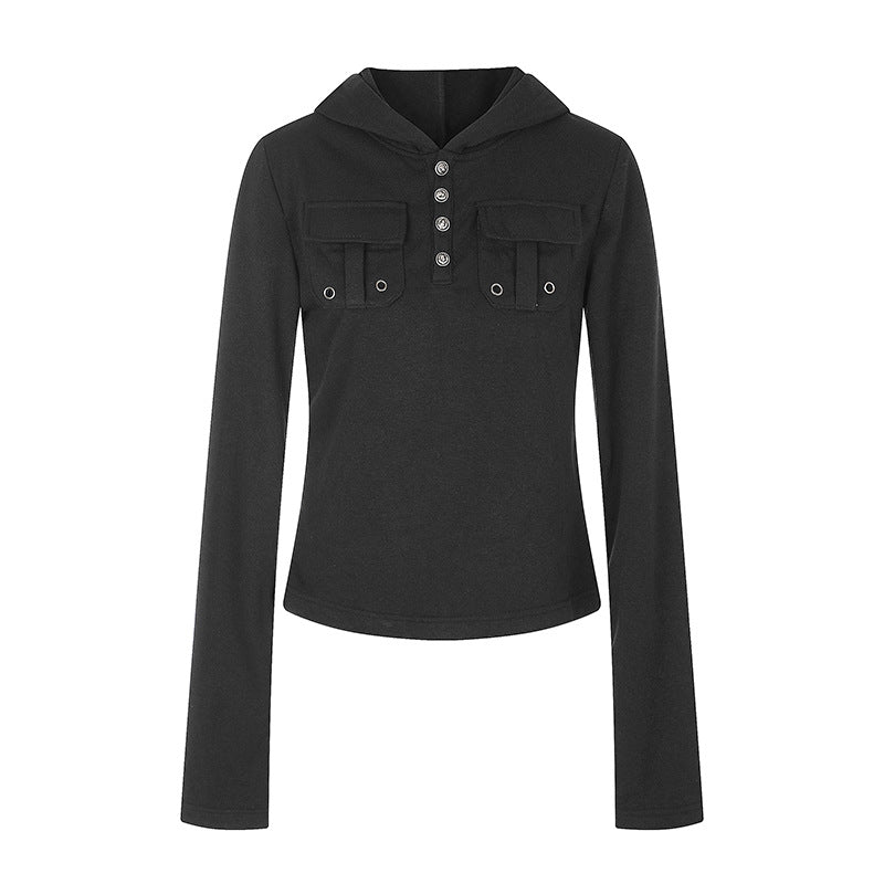 Damen Leichtes Kapuzen-Langarmshirt mit Henley-Knopfleiste und aufgesetzten Brusttaschen Shop Nory